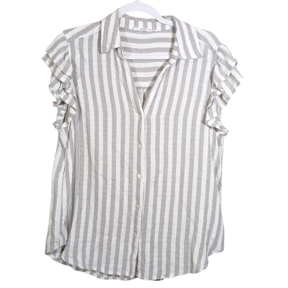 Jane + Delancey Gray White Striped Ruffle Sleeve Gauze Top